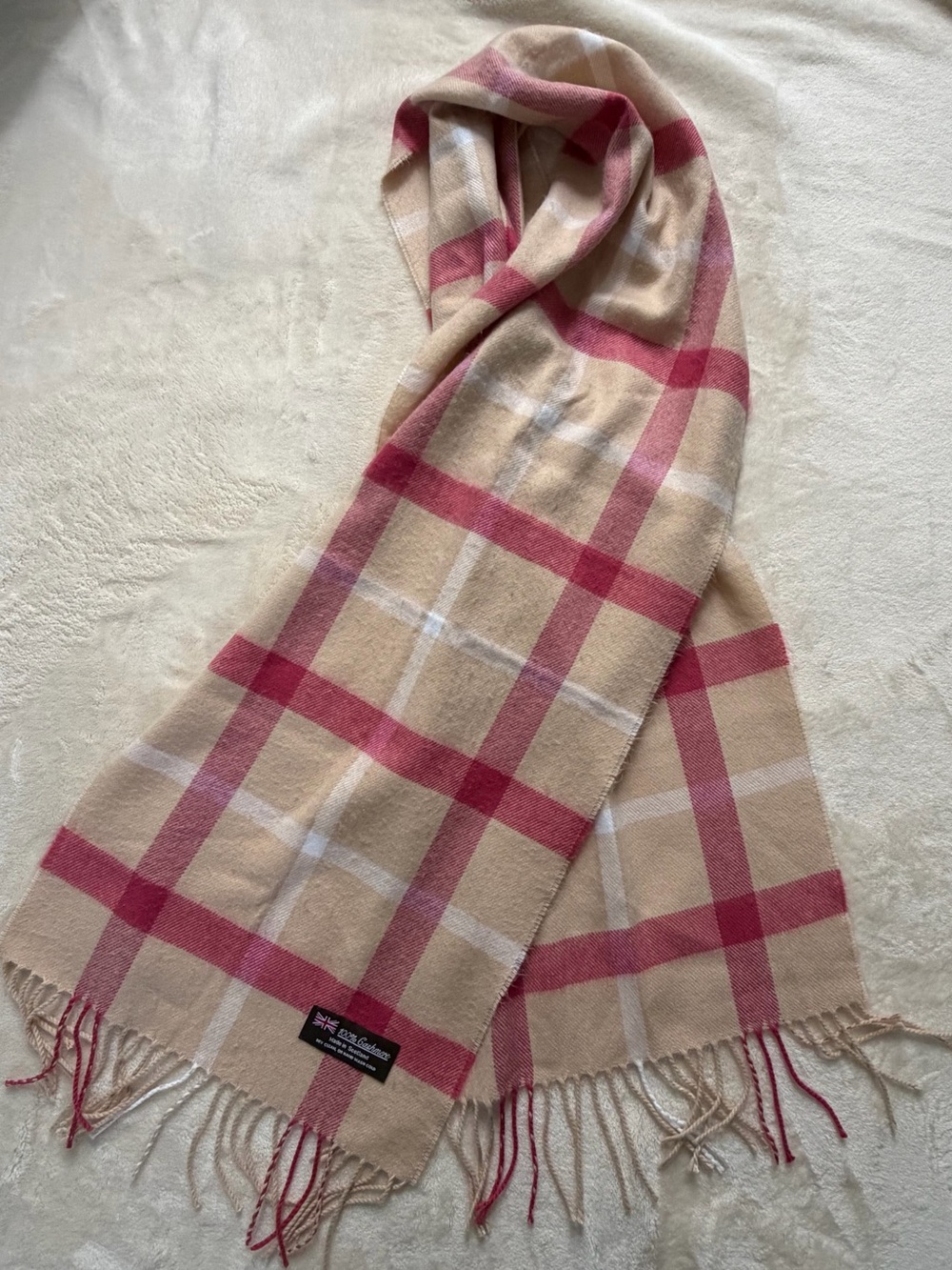 100% Cashmere Made in Scotland Beige and Red Plaid Women's Scarf